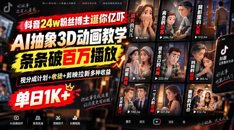 📌 #抖音  | 活动线报 · 返佣平台✍️ 《抖音24w粉丝博主逗你亿吓AI抽象3D动画教学 条条破百万播放 分成计划+收徒+剪映拉新多种收益》📖 项目介绍：全新AI轻量化制作方案，彻底颠覆传统制作模式，无需专业技术、无需高端设备，算力成本极低，甚至可以免费白嫖算力资源