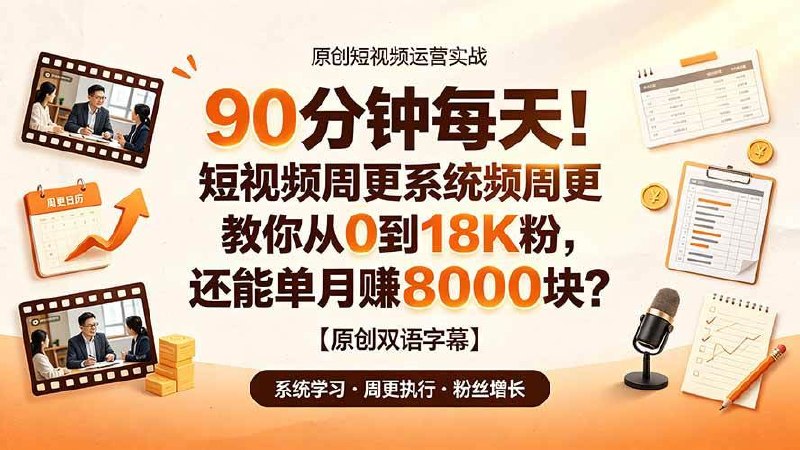 📌 #短视频  | 活动线报 · 返佣平台✍️ 《90分钟每天！短视频周更系统教你从 0 到 18K 粉 还能单月赚 8000 块？》📖 项目介绍：这门短视频课程，给你一套按周推进的系统方案，帮你发出第一批视频，一步步建立起真正的观众群