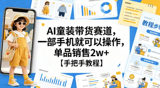 📌 #短视频  | 活动线报 · 返佣平台✍️ 《AI童装带货赛道 一部手机就可以操作 单品销售2w+【手把手教程】》📖 项目介绍：AI童装带货是当下低成本暴利风口赛道，无需真人出镜、不用囤货实拍，仅靠一部手机+AI工具就能自动生成童装穿搭带货视频