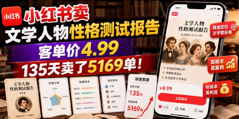 📌 #小红书  | 活动线报 · 返佣平台✍️ 《小红书卖文学人物性格测试报告 客单价4.99 135天卖了5169单》📖 项目介绍：依托大众自我认知、社交分享两大核心需求，售卖文学人物性格测试PDF资料，实操案例135天成交5169单，客单价4.99元，可叠加高阶版本提升收益
