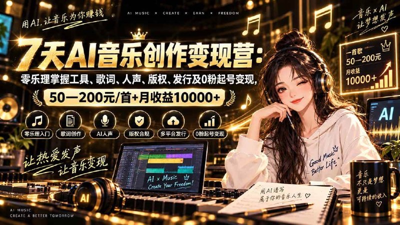 📌 #奇技淫巧  | 活动线报 · 返佣平台✍️ 《AI音乐创作变现营 零乐理掌握工具、歌词、人声、版权、发行及0粉起号变现 50—200元/首+月收益10000+》📖 项目介绍：面向零乐理、零编曲基础新手打造的AI音乐副业课程，核心围绕“工具上手→歌词创作→AI作曲→人声合成→成品打磨→版权合规→平台发行→流量运营→商业变现→个人IP”搭建完整闭环