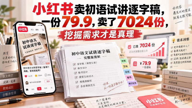📌 #小红书  | 活动线报 · 返佣平台✍️ 《小红书卖初语试讲逐字稿 一份79.9 卖了7024份 挖掘需求才是真理》📖 项目介绍：小红书长效稳定的虚拟资料变现赛道，主打初中语文教招、教资面试试讲逐字稿售卖，对标成熟账号单份资料79.9元，累计售出7024份，纯收益超56万元，叠加纸质版高阶套餐后整体利润更高