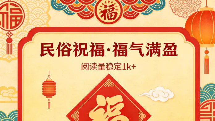 📌 #公众号 ✍️ 《公众号流量主之民俗祝福赛道 选题不愁 结构固定 阅读稳定1w+》📖 项目介绍：公众号流量主民俗祝福赛道，是专为新手打造的低门槛、稳流量副业项目，精准锁定中老年核心受众，不用拼文笔、不用追热点，靠传统民俗+吉祥祝福轻松撬动高流量