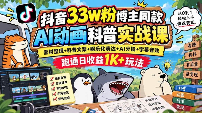 📌 #抖音  | 活动线报 · 返佣平台✍️ 《抖音33W粉博主同款AI动画科普实战课 素材整理+科普文案+娱乐化表达+AI分镜+字幕音效》📖 项目介绍：围绕抖音AI动画科普赛道内容创作与流量变现打造的实战课程，以33W粉博主同款玩法为核心，系统拆解从素材准备、爆款文案、娱乐化表达、AI动画制作到剪辑配音、字幕包装与成片发布的完整流程
