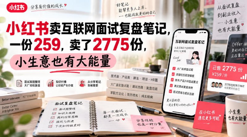 📌 #小红书  | 活动线报 · 返佣平台✍️ 《小红书卖互联网面试复盘笔记 一份259 卖了2775份 小生意也有大能量》📖 项目介绍：低门槛、高客单的小红书虚拟资料变现赛道，核心售卖互联网产品经理、商业分析、战略咨询岗位面试复盘笔记，对标账号以259元单价售出2775份，变现超71万，盈利模式稳定且可持续