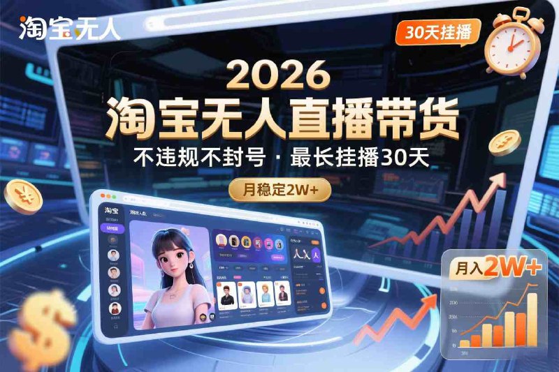 ✍️  《2026淘宝无人直播带货 不违规不封号 最长挂播30天》💡  项目介绍：电商平台精准流量加持，成交率碾压兴趣电商，断播也能持续出单，不占电脑不耗精力