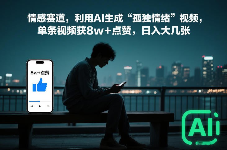 ✍️  《情感赛道 利用AI生成“孤独情绪”视频 单条视频获8w+点赞》💡  项目介绍：现代人孤独感加剧，需要情感宣泄！这类情感视频，穿透力强，制作简单，传播性广，所以流量非常好，现在流量为王的时代，有流量就有钱賺