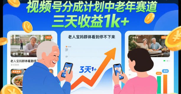 ✍️  《视频号分成计划中老年赛道 三天收益1k+ 老人宝妈群体》💡  项目介绍：精准定位粉丝群体，根据他们关注的焦点入手，收获强大的底层流量，老人宝妈群体看到停不下来