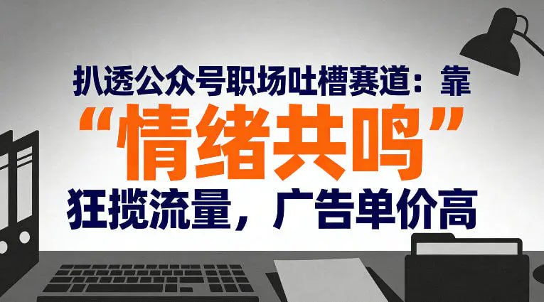 ✍️  《扒透公众号职场吐槽赛道 靠“情绪共鸣”狂揽流量 广告单价高》💡  项目介绍：代打工人的情绪缺口有多大！每天被加班、内卷、PUA、奇葩老板、无效沟通、职场潜规则折磨，心里攒了一肚子委屈没处说——而职场吐槽公众号，就是他们的“情绪宣泄口”！在这里，大家能看到“自己的故事”，能找到“同类的共鸣”，这种强粘性的粉丝，正是广告主抢着要的优质流量