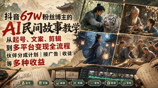 📌 #抖音  | 活动线报 · 返佣平台✍️ 《抖音67W粉丝博主的AI民间故事教学 从起号、文案、剪辑到多平台变现全流程》📖 项目介绍：一套面向零基础学员的AI民间故事短视频实战课程，核心围绕“低门槛、低成本、可持续创作”来设计