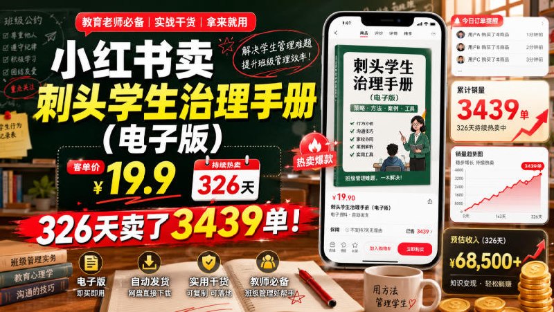 📌 #小红书  | 活动线报 · 返佣平台✍️ 《小红书卖刺头学生治理手册（电子版） 客单价19.9 326天卖了3439单！》📖 项目介绍：本项目是小红书低门槛虚拟资料蓝海变现赛道，以教育类实用电子版资料售卖为核心，主打教师班级管理、问题学生治理等刚需资料，客单价19.9元，可实现长期稳定出单，标杆案例326天成交3439单