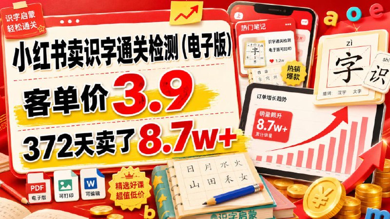 📌 #小红书  | 活动线报 · 返佣平台✍️ 《小红书卖识字通关检测（电子版） 客单价3.9 372天卖了8.7w+》📖 项目介绍：本项目为小红书虚拟资料副业，主打3-7岁幼儿识字通关检测电子版资料，实测客单价3.9元，372天累计成交8.7w+，面向有早教焦虑的宝妈群体，门槛低、无实物、售后极少，适合零基础普通人入局