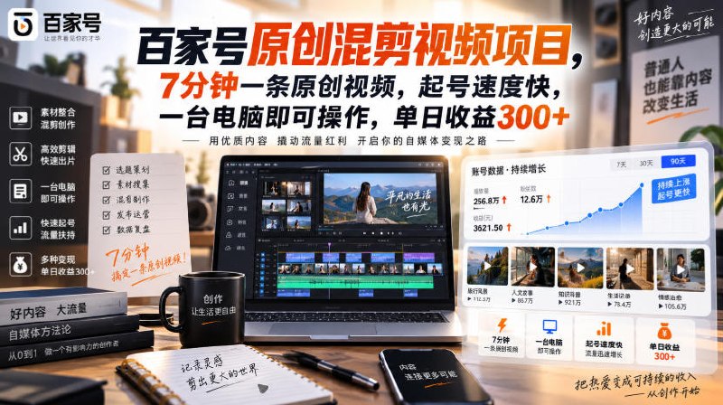 📌 #短视频  | 活动线报 · 返佣平台✍️ 《百家号原创混剪视频项目 7分钟一条原创视频 起号速度快 一台电脑即可操作》📖 项目介绍：原创混剪内容、批量操作，一人多账号运营，同一个作品同时发布百家号、头条号、抖音伙伴、视频号等各个平台，获得多个平台的收益