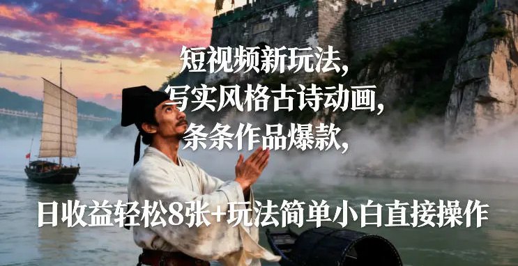 ✍️  《短视频新玩法 写实风格古诗动画 条条作品爆款 日收益轻松8张+》💡  项目介绍：AI古风写实风格，蓝海项目，普通人入局最佳时期，操作简单，玩法新颖，可矩阵，收益可观