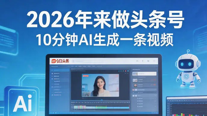 📌 #今日头条 ✍️ 《2026年来做头条号 10分钟AI生成一条视频 矩阵日入多张》💡 项目介绍：今日头条是字节跳动旗下的大平台，7亿多用户在用，算法超级给力