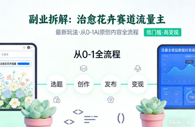 ✍️  《副业拆解 治愈花卉赛道流量主最新玩法 从0-1AI原创内容全流程》💡  项目介绍：发布各种唯美的、动态的治愈系花卉视频
