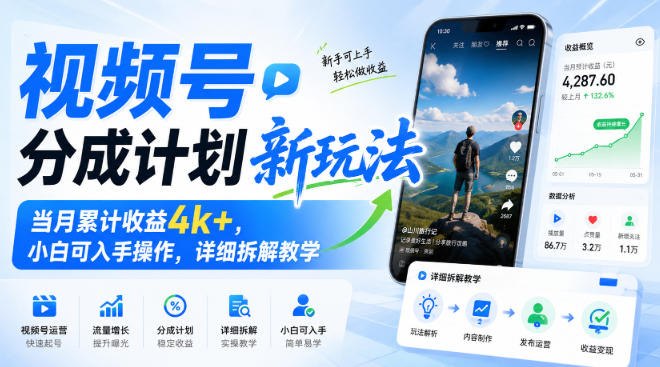 📌 #视频号  | 活动线报 · 返佣平台✍️ 《视频号分成计划新玩法 当月累计收益4k+ 小白可入手操作 详细拆解教学》📖 项目介绍：玩法大同小异，重在思维上的跃迁，可以不用中规中矩适合短视频零基础小白，想要抓住国风热点红利，快速产出爆款视频