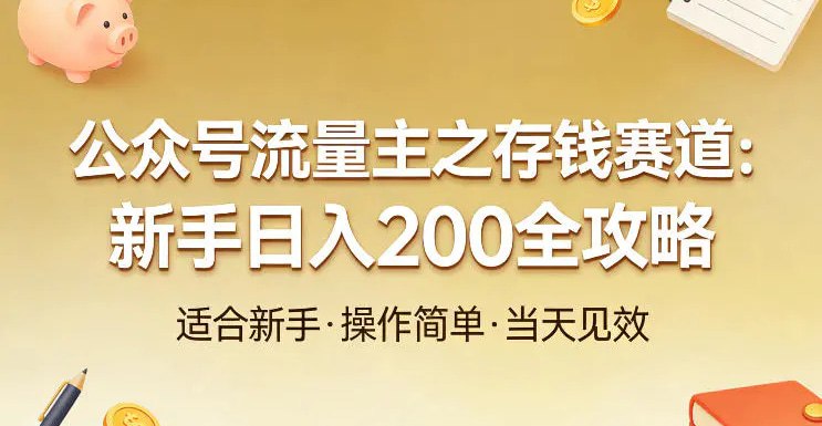 📌 #公众号 ✍️ 《公众号流量主之存钱赛道 贴合当下需求 适合新手 一天收益2张》💡 项目介绍：本项目聚焦公众号流量主变现，主打存钱赛道，贴合当下大众存钱需求，赛道永不过时、受众基数庞大，是低门槛、高潜力的轻创业项目