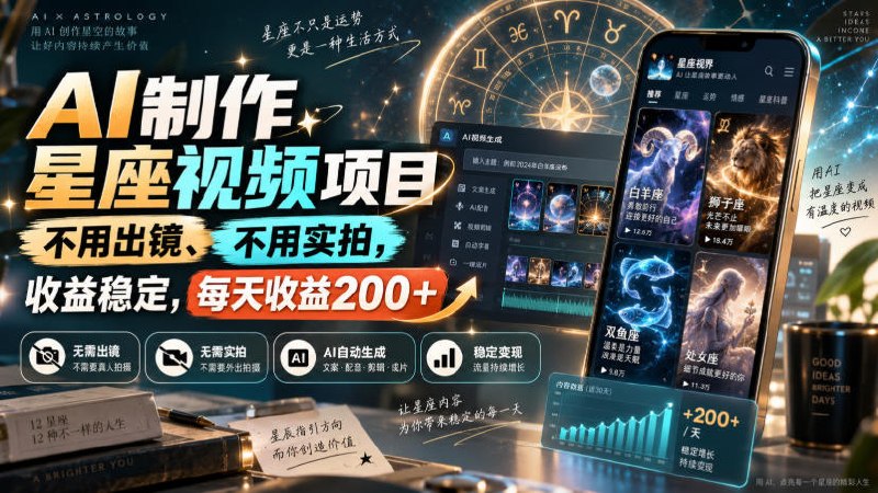 📌 #短视频  | 活动线报 · 返佣平台✍️ 《AI制作星座视频项目，不用出镜、不用实拍，收益稳定，每天收益200+》📖 项目介绍：AI星座短视频项目，星座赛道自带流量属性，极易出爆款